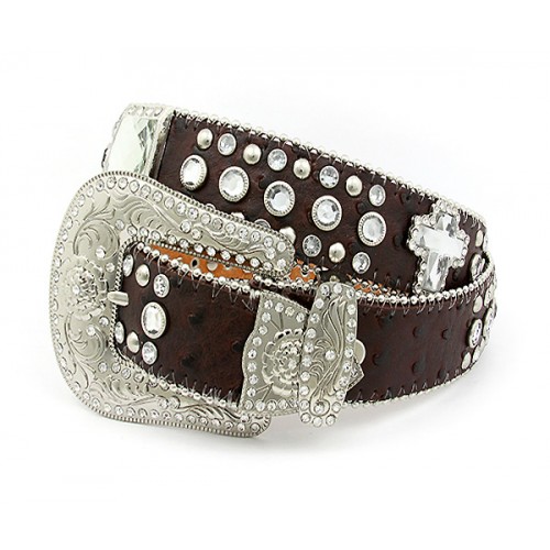 Belt - Rhinestone Leather Belt - Ostrich Embossed w/ Cross Charms - Coffee Color - BLT-CRS150TNCOF