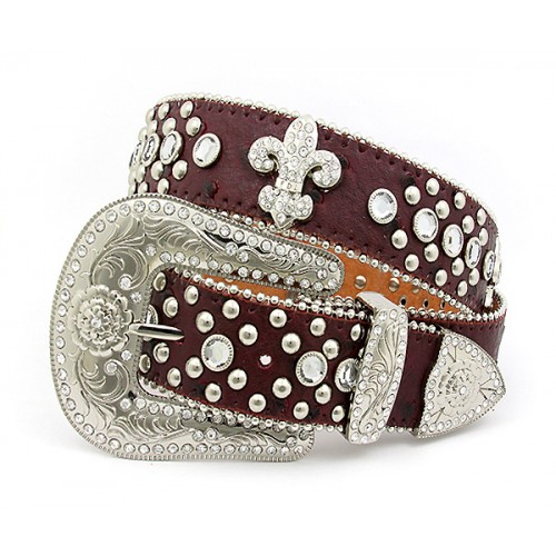 Belt - Rhinestone Leather Belt - Ostrich Embossed w/ Fleur De Lis Charms - Red Color - BLT-FDL152TNRD