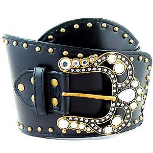 Belt - Leather -Like Metal Studded Belt - Black Color - BLT-TO30082BK