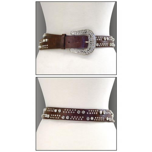 Belt - Rhinestone Leather - Like Belt - Brown Color - BLT-TO40215BR