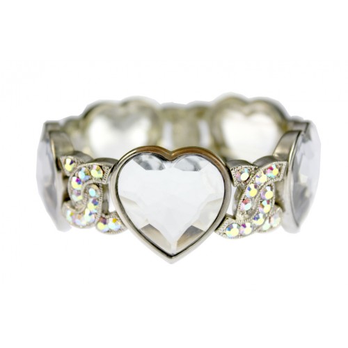 Rhodium Faceted Glass Heart Shape Charm w/Rhinestoned Half Circle Link - Clear - BR-B8544LRDCY