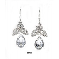 Rhinestone Leaf w/ Dangling Tear Drop Earrings - Clear - ER-21756