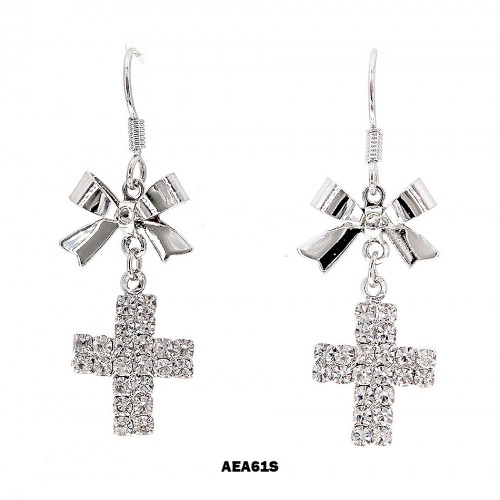 Rhinestone Cross Earrings w/ Bows - ER-AEA61S