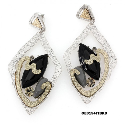 Hand Hammered Foil Look Earrings - Diamond Cut Two-tone w/ Black Rhinestones - ER-OE0154TT-BKD