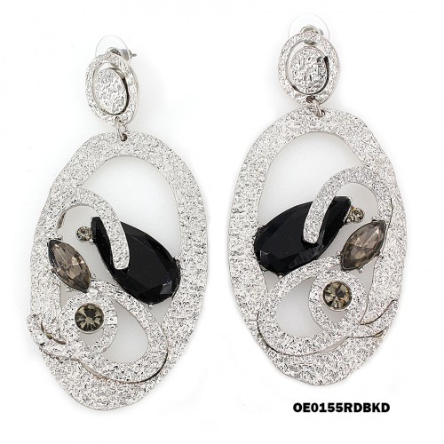 Hand Hammered Foil Look Earrings - Oval Cut w/ Black Rhinestones - ER-OE0155RD-BKD