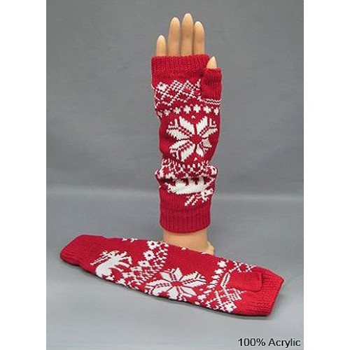 Gloves - Fingerless Snow Flack & Reindeer Print Glove - Red Color - GL-1008RD