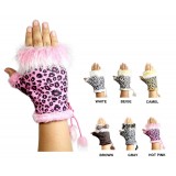 Glove - Fingerless Suede -Like Leopard Print  W/ Fur Trim