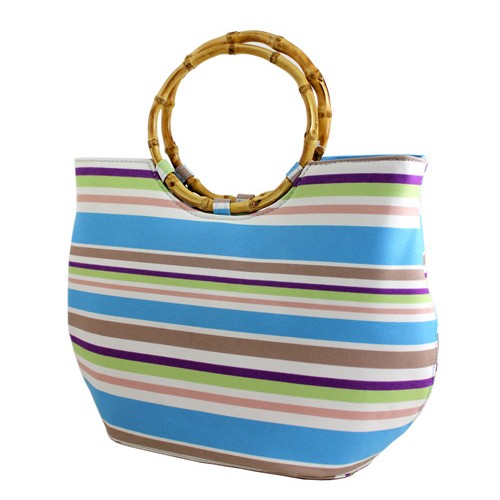 Striped Cotton Tote w/ Bamboo Handles- Blue