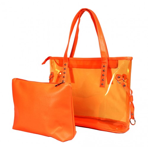 Clear PVC 2-in-1 Totes w/ Leather-like PU Trim - Orange