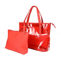 Clear PVC 2-in-1 Totes w/ Leather-like PU Trim - Red