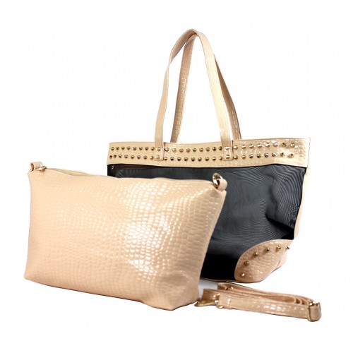 Mesh 2-in-1 Totes w/ Metal Studded Croc Embossed PU Trim - Beige