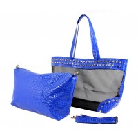 Mesh 2-in-1 Totes w/ Metal Studded Croc Embossed PU Trim - Blue