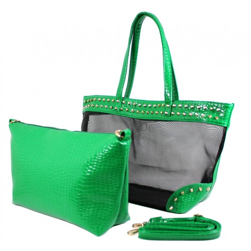 Mesh 2-in-1 Totes w/ Metal Studded Croc Embossed PU Trim - Green