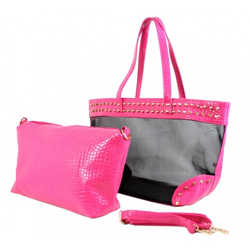 Mesh 2-in-1 Totes w/ Metal Studded Croc Embossed PU Trim - Pink