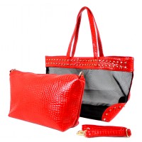 Mesh 2-in-1 Totes w/ Metal Studded Croc Embossed PU Trim - Red