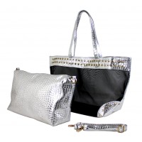 Mesh 2-in-1 Totes w/ Metal Studded Croc Embossed PU Trim - Silver