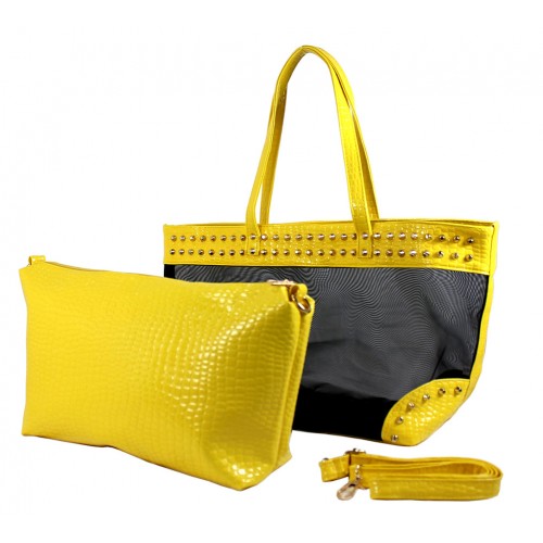 Mesh 2-in-1 Totes w/ Metal Studded Croc Embossed PU Trim - Yellow