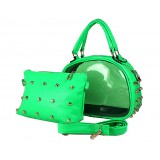 Clear PVC 2-in-1 Satchel w/ Metal Studded Leather-like PU Trim - Green Clear PVC 2-in-1 Satchel w/ Metal Studded Leather-like PU Trim - Green