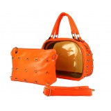 Clear PVC 2-in-1 Satchel w/ Metal Studded Leather-like PU Trim - Orange Clear PVC 2-in-1 Satchel w/ Metal Studded Leather-like PU Trim - Orange