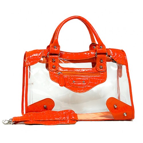 Clear PVC Tote Bag w/ Croc Embossed Patent Leather-like Trim - Orange - BG-CLR001OG