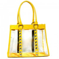 Clear PVC Tote Bag - Croc Embossed Patent Leather-like Trim w/ Pyramid Studs - Mustard - BG-CLR003MUS