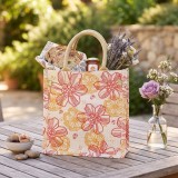 Jute Tote: 10" Floral Print w/ Cotton Webbed Tube Handles - BG-JTG204