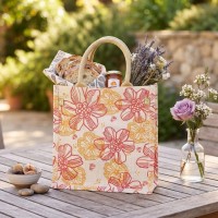 Jute Tote: 10" Floral Print w/ Cotton Webbed Tube Handles - BG-JTG204