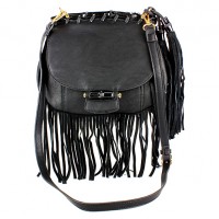 Messenger Bag w/ Genuine Leather Fringes - Black -BG-A43810BK