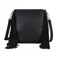 Messenger Bag w/ Genuine Leather Fringes - Black