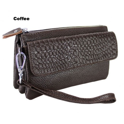 Clutch-Genuine Leather - Multi Compartments w/ Detachable Wristlet & Strap - Coffee Color - BG-YM608COF