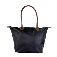 Nylon Medium Shopping Tote w/ Leather Like Handles - Black -BG - HD1641BK