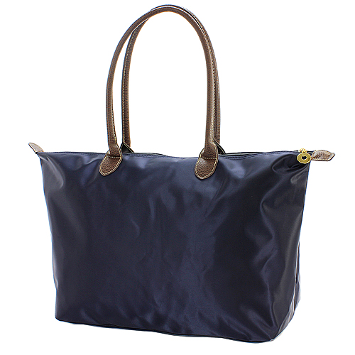 Nylon Large Shopping Tote w/ Leather Like Handles - Navy - BG-NL2018NV