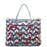 Quilted Cotton Shopping Tote Bag - Owl & Chevron Printed - Grey - BG-OW303GY