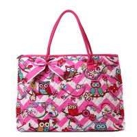 Quilted Cotton Shopping Tote Bag - Owl & Chevron Printed - Pink - BG-OW303PK