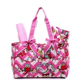 Quilted Cotton Diaper Bag - Owl & Chevron Printed - Pink - BG-OW603PK