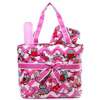 Quilted Cotton Diaper Bag - Owl & Chevron Printed - Pink - BG-OW604PK