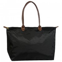 Nylon Large Shopping Tote w/ Leather Like Handles - Black -BG-HD1293BK