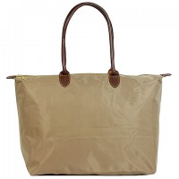Nylon Large Shopping Tote w/ Leather Like Handles - Taupe -BG-HD1293TP
