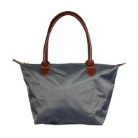 Nylon Small Shopping Tote w/ Leather Like Handles - Grey - BG-HD1361GY