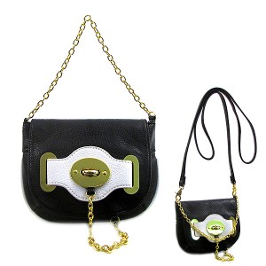 Pebble Leather-like Small Flap Purse w/ Metal Chain Strap And Twist Lock - Black