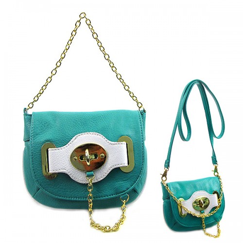 Pebble Leather-like Small Flap Purse w/ Metal Chain Strap And Twist Lock - Turquoise
