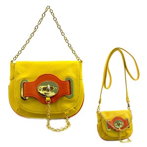 Pebble Leather-like Small Flap Purse w/ Metal Chain Strap And Twist Lock - Yellow