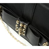 Pebble Leather-like Shoulder Bag w/ Spiky Studded Bow Flap - Black