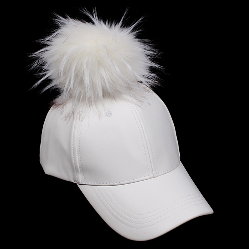 Baseball Cap - Faux Leather With Detachable Faux Fox Fur Pom Pom - Ivory