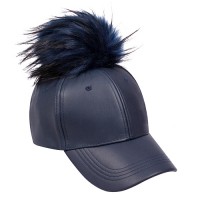Baseball Cap - Faux Leather With Detachable Faux Fox Fur Pom Pom - Navy