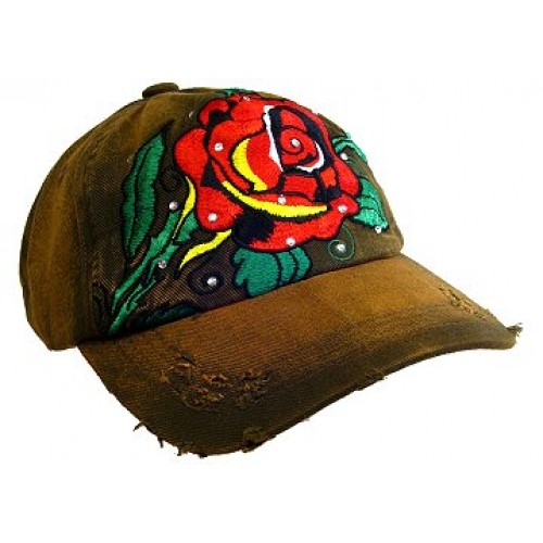 Embroidery Tattoo Cap - Rose (Washed Cotton) - Brown - HT-BSR100BN