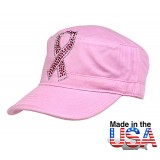 Military Cap w/ Jeweled Breast Cancer Awareness Sign - Pink - HT-C7005PK Military Cap w/ Jeweled Breast Cancer Awareness Sign - Pink - HT-C7005PK