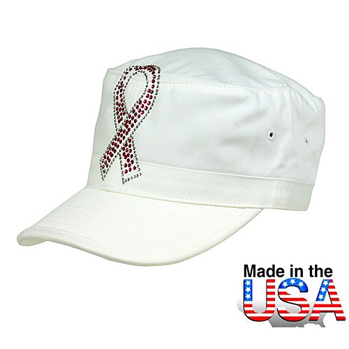 Military Cap w/ Jeweled Breast Cancer Awareness Sign - White - HT-C7005WT