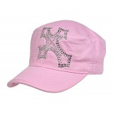 Military Cap  w/ Jeweled Rhinestones Cross Sign - Pink - HT-C7008PK