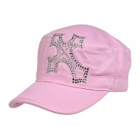 Military Cap  w/ Jeweled Rhinestones Cross Sign - Pink - HT-C7008PK